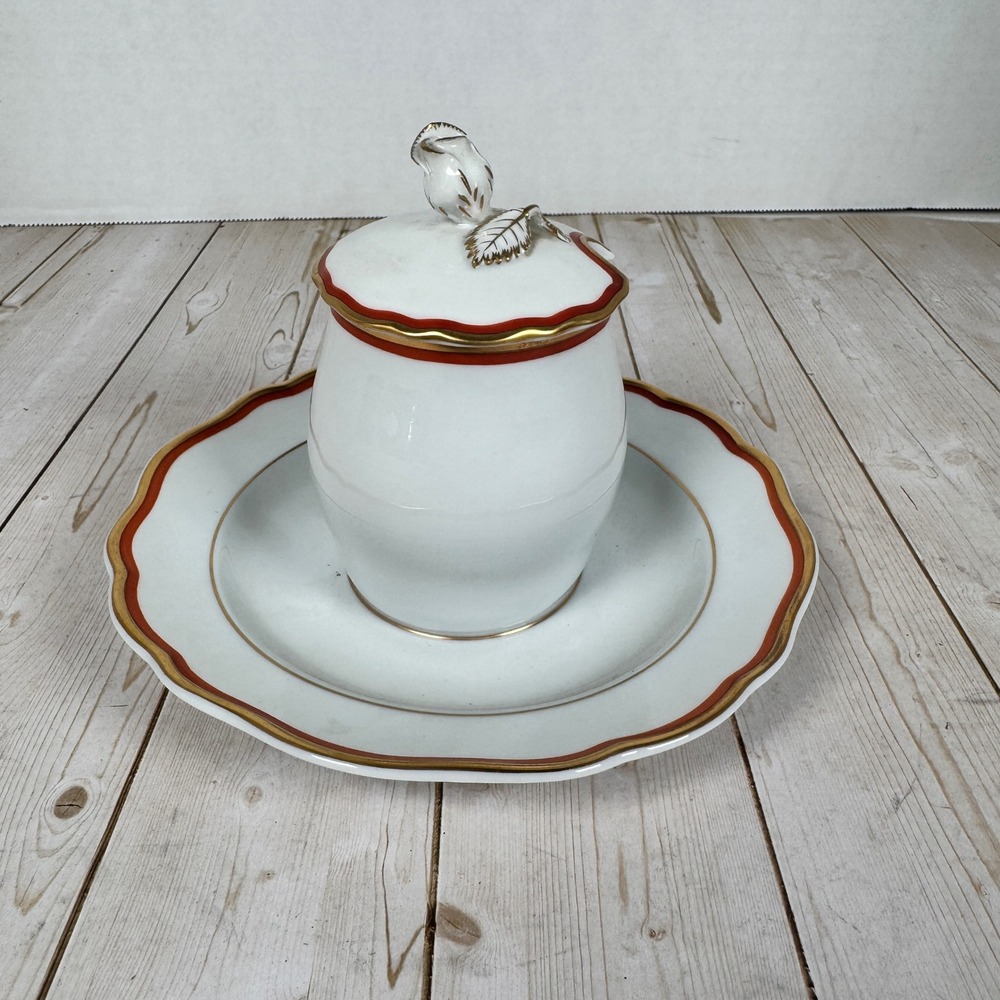 Meissen Orange Band‎ Mustard Jar Pot w Underplate Rosebud Finial Crossed Swords